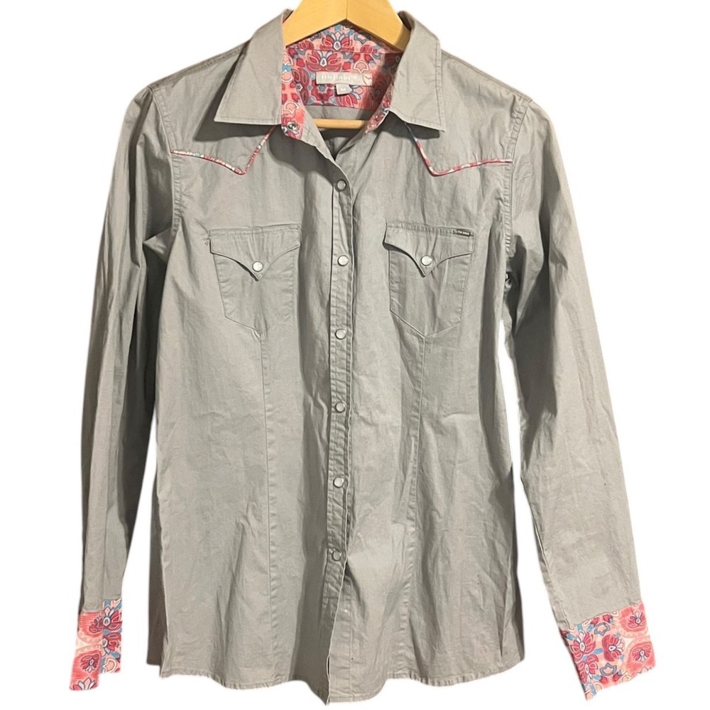 Tin Haul Women's Western Pearl Snap Shirt Gray Floral Cuffs Size M